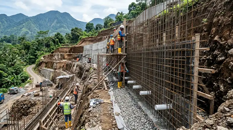 Perbandingan jenis retaining wall dan estimasi biaya konstruksi Batu Malang
