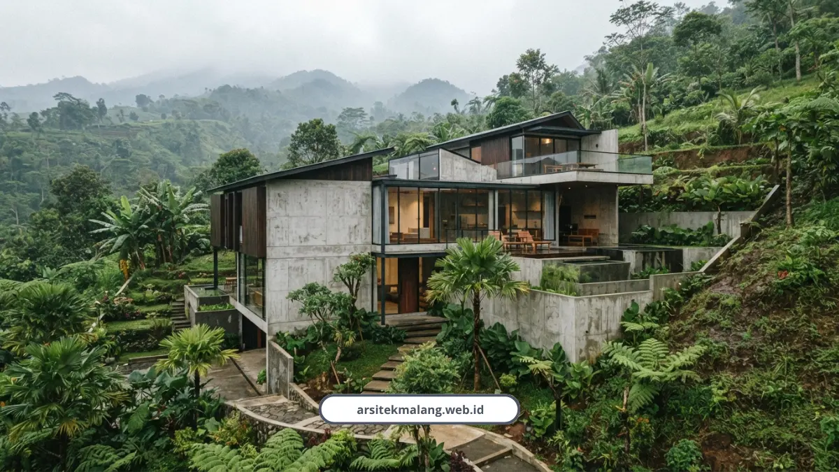 Desain Rumah Lahan Miring Malang, Kontur Jadi Berkah – Konsep Desain Arsitek Malang
