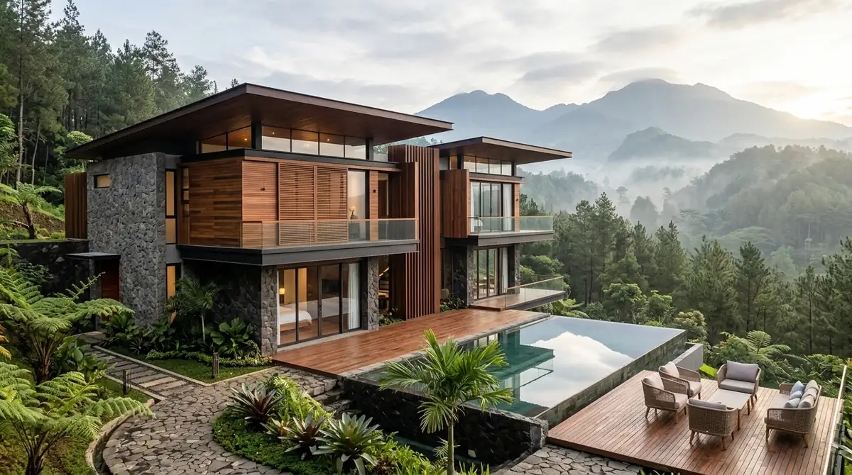 Material Kayu Fasad untuk Villa Batu Modern Tropis yang Tahan Cuaca Ekstrem – Konsep Desain Arsitek Malang