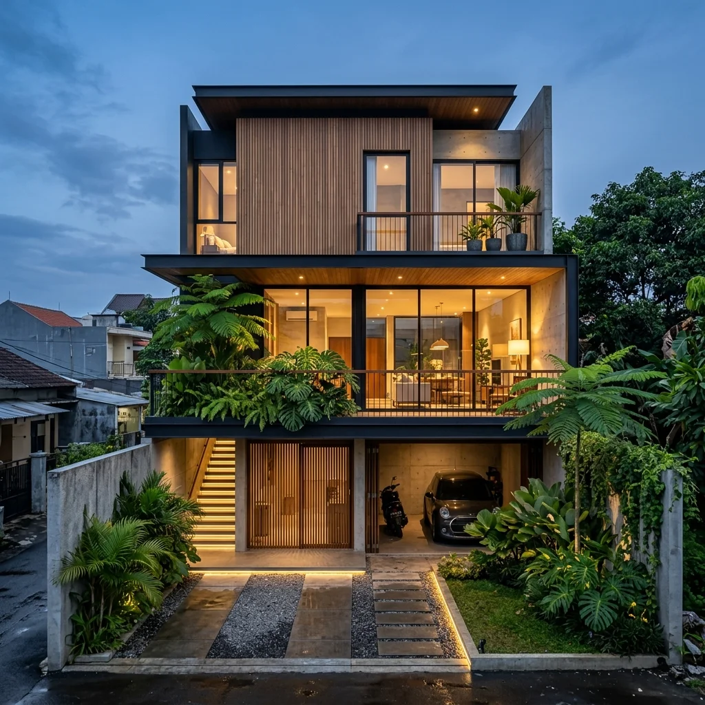 Desain fasad rumah split level modern di lahan sempit Lowokwaru Malang